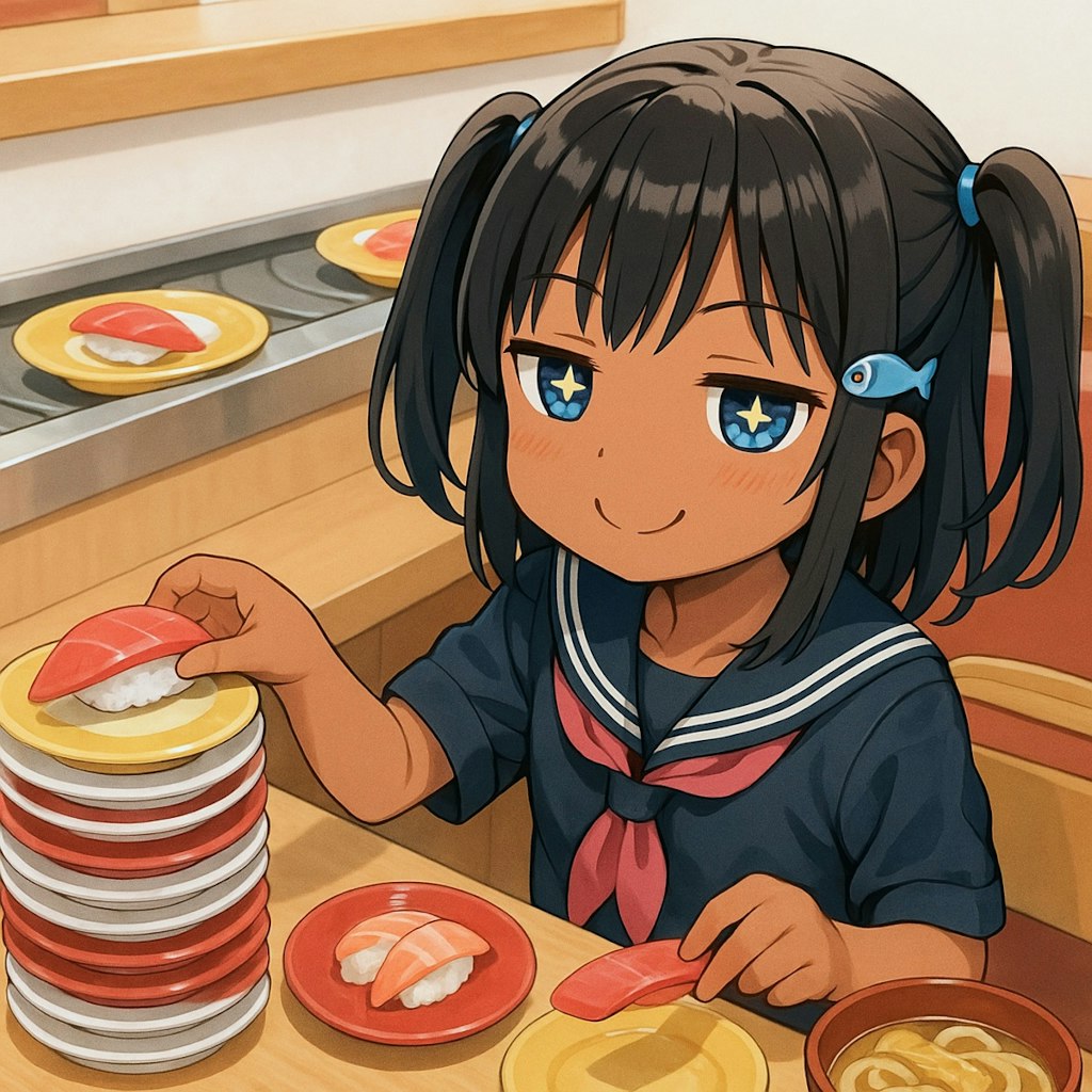 回転寿司でお腹いっぱい食べるこなつちゃん