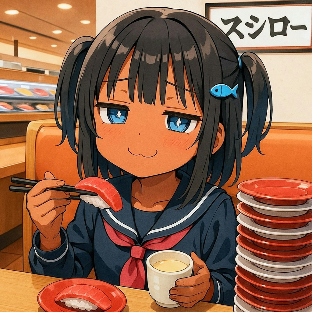 回転寿司でお腹いっぱい食べるこなつちゃん
