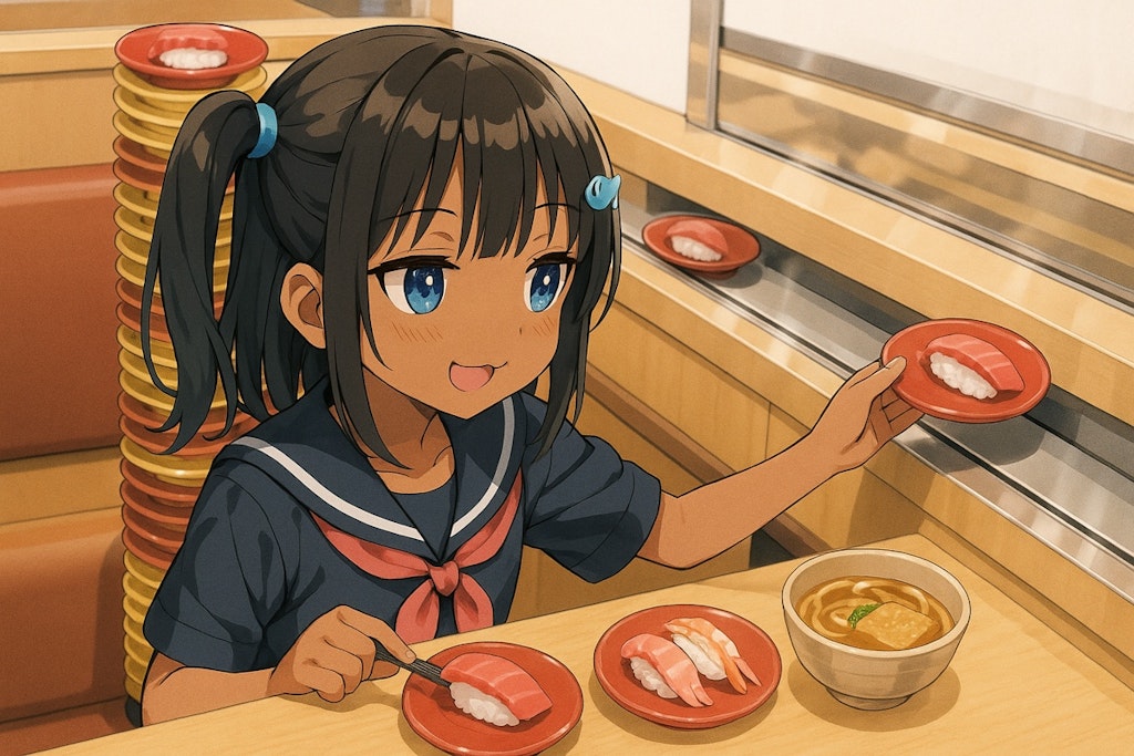 回転寿司でお腹いっぱい食べるこなつちゃん