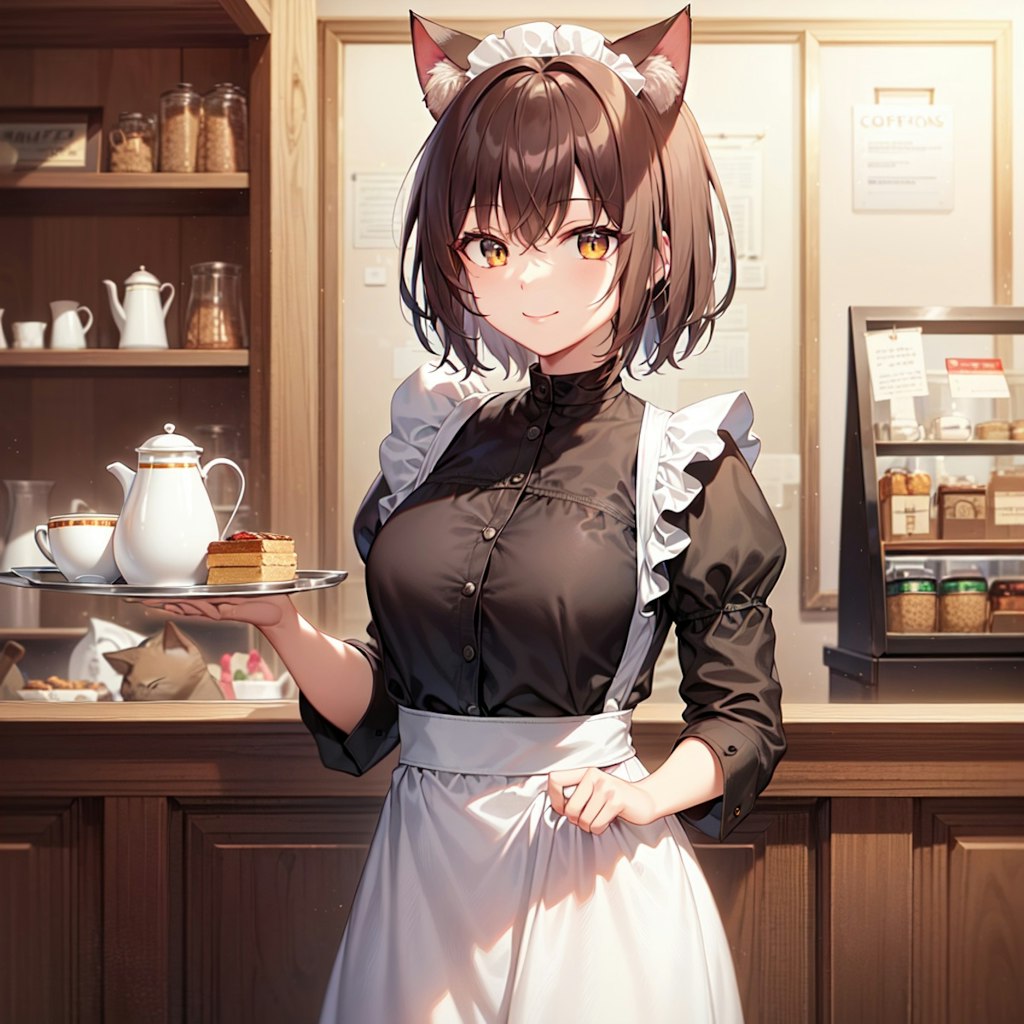 笑顔で今日も喫茶店で働く猫娘