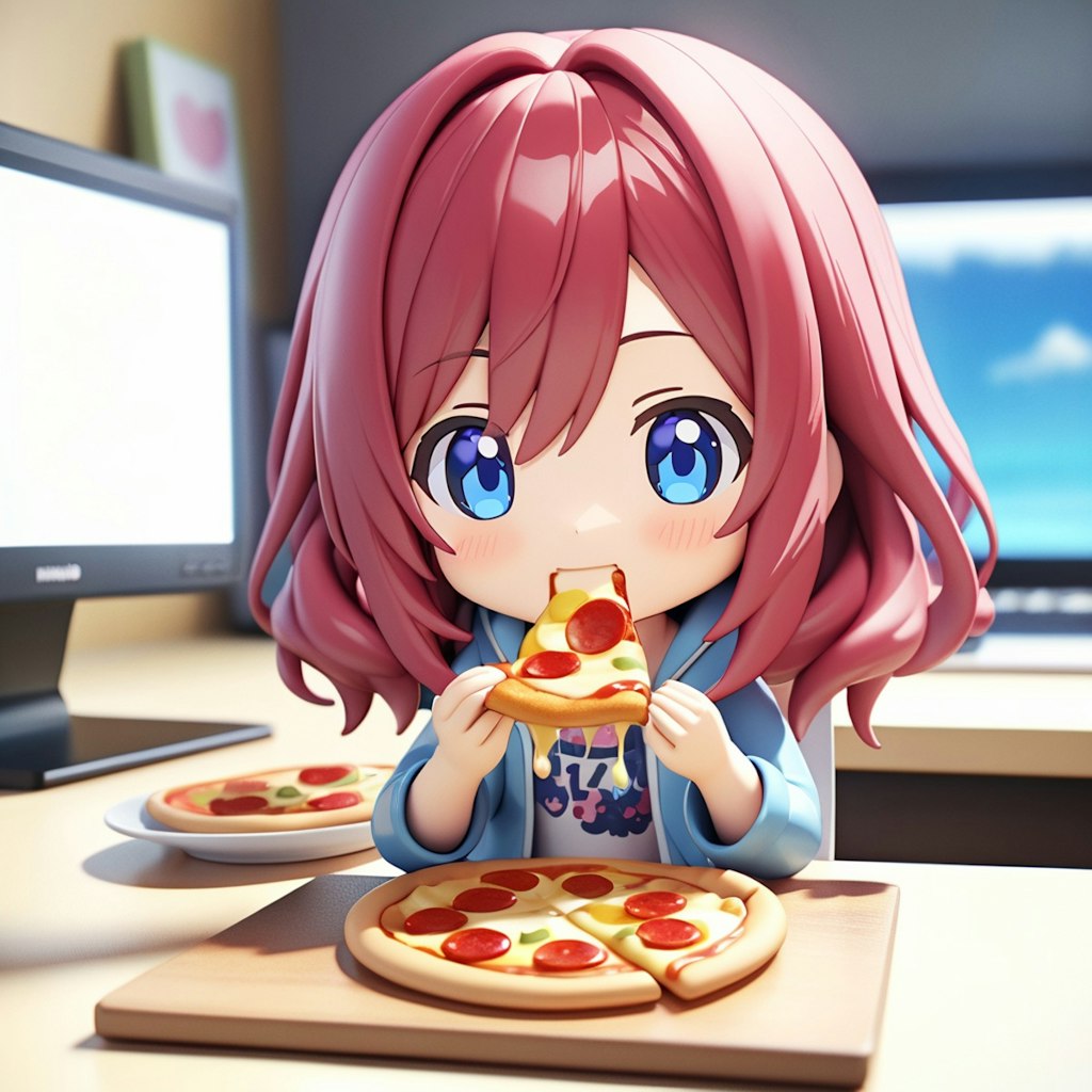 ねんどろいど風のピザを食べる女の子