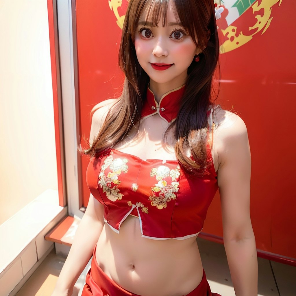 ヘソ出しチャイナドレスのAI美女です