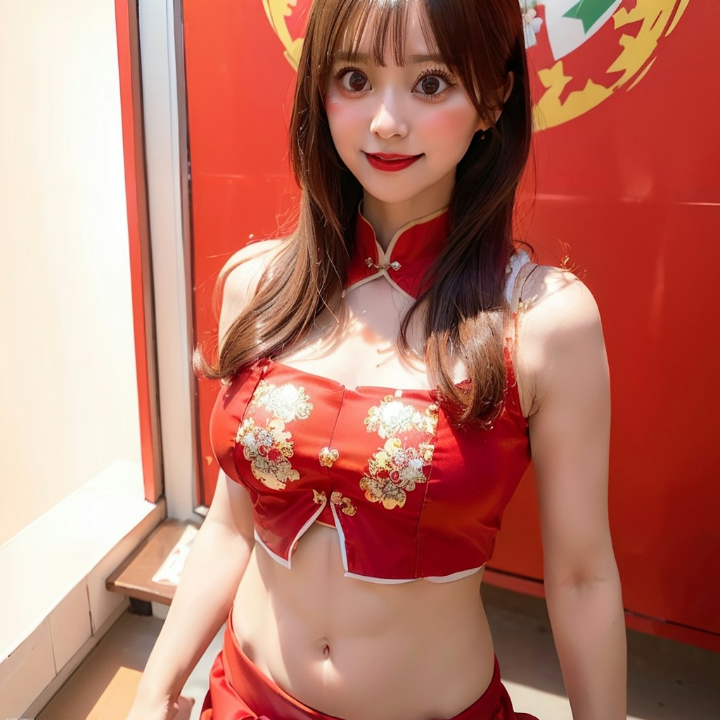 ヘソ出しチャイナドレスのAI美女です