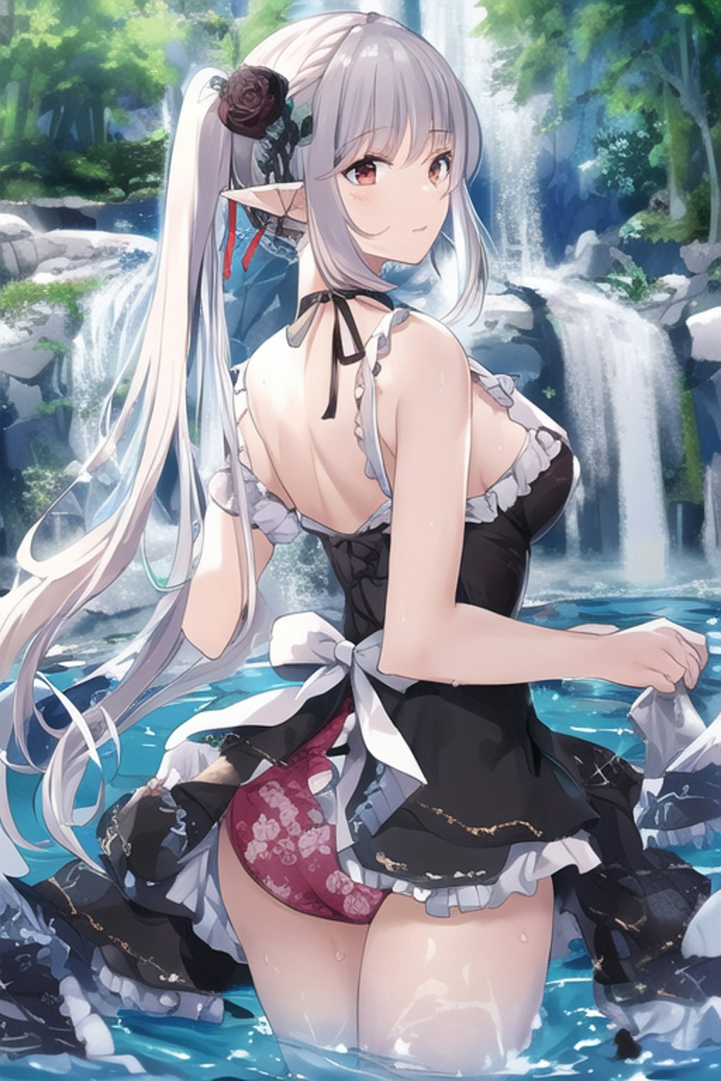 a beautiful elf girl standing gracefully in water