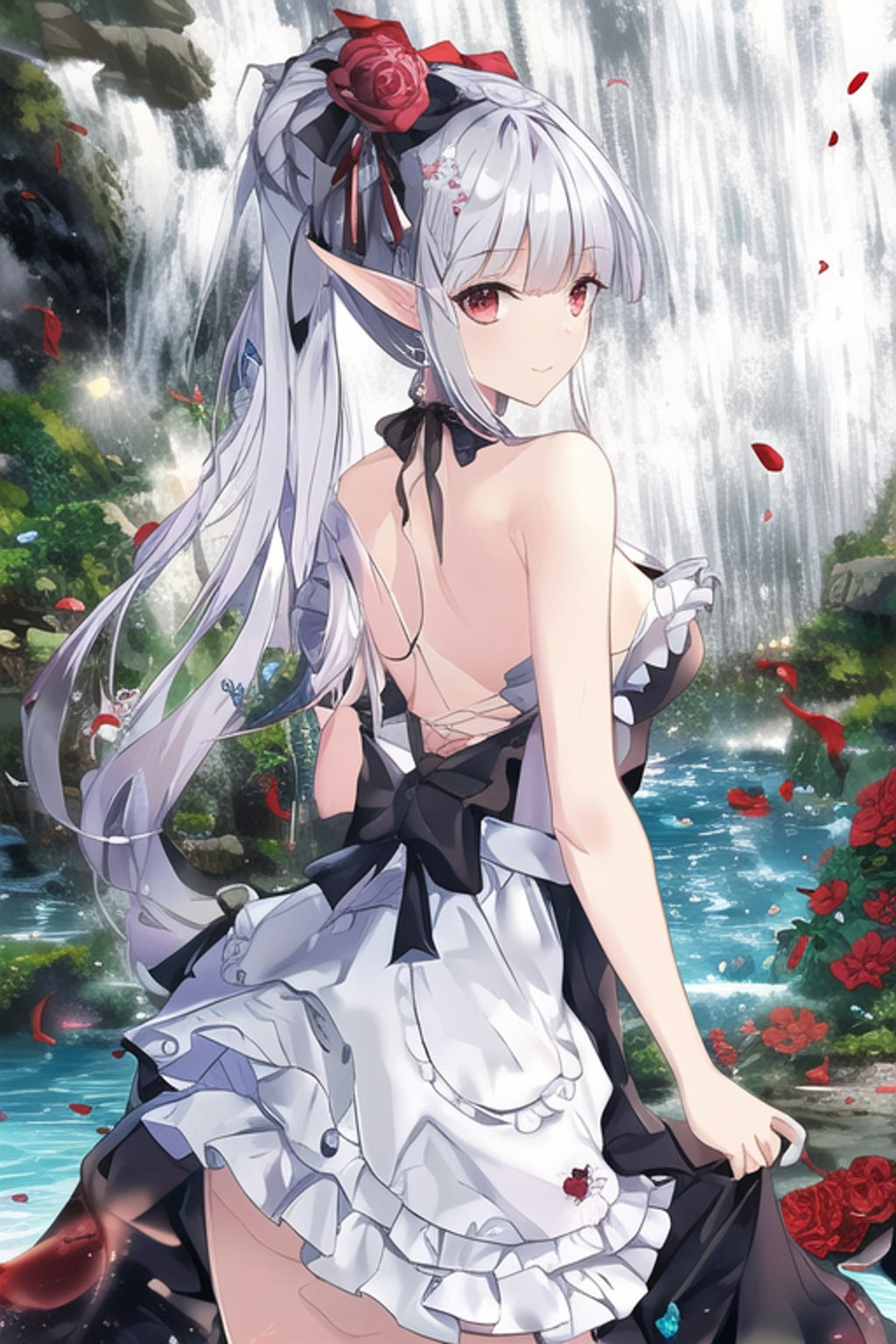 a beautiful elf girl standing gracefully in water