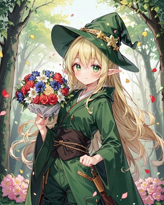 花弁舞う森で花束を持つエルフ魔女