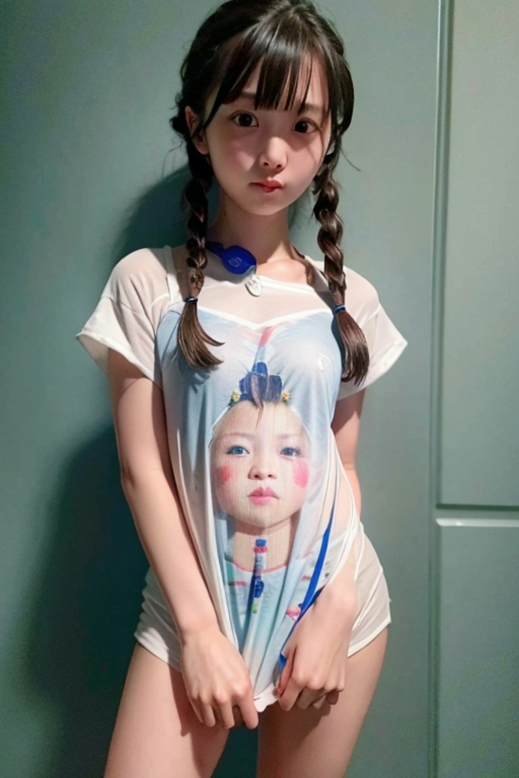 突然の来客にTシャツ１枚で対応の図