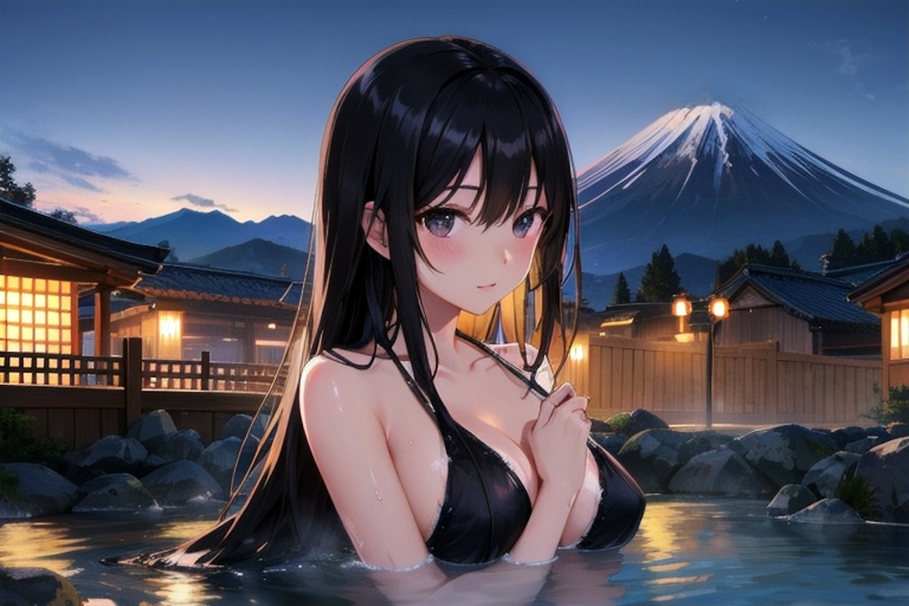 富士山と露天風呂とチーちゃん