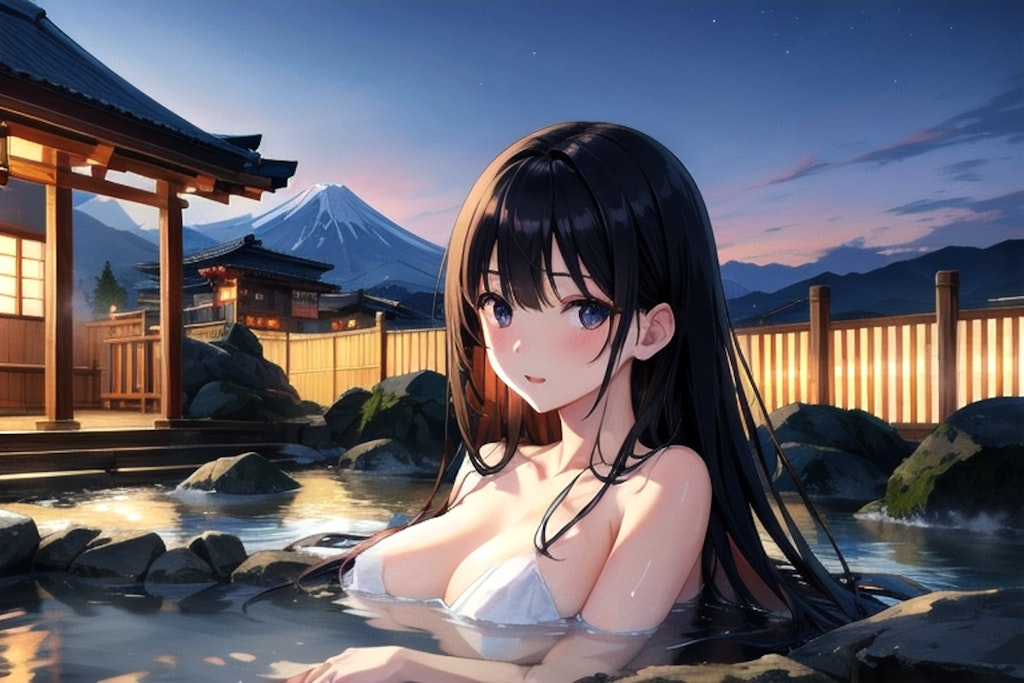 富士山と露天風呂とチーちゃん