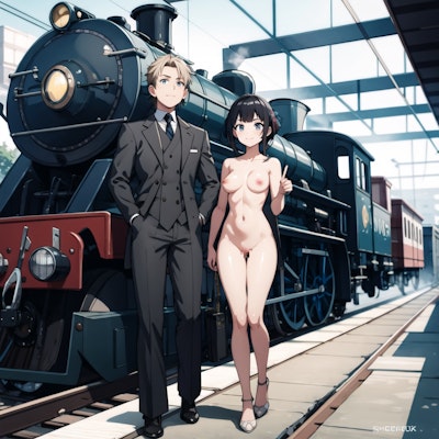 蒸気機関車に乗るイケメンと全裸美少女
