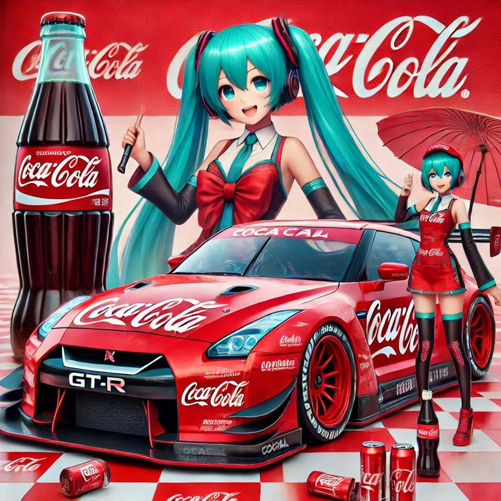 コカ・コーラカラー日産GT-Rレーシングカーと初音ミク