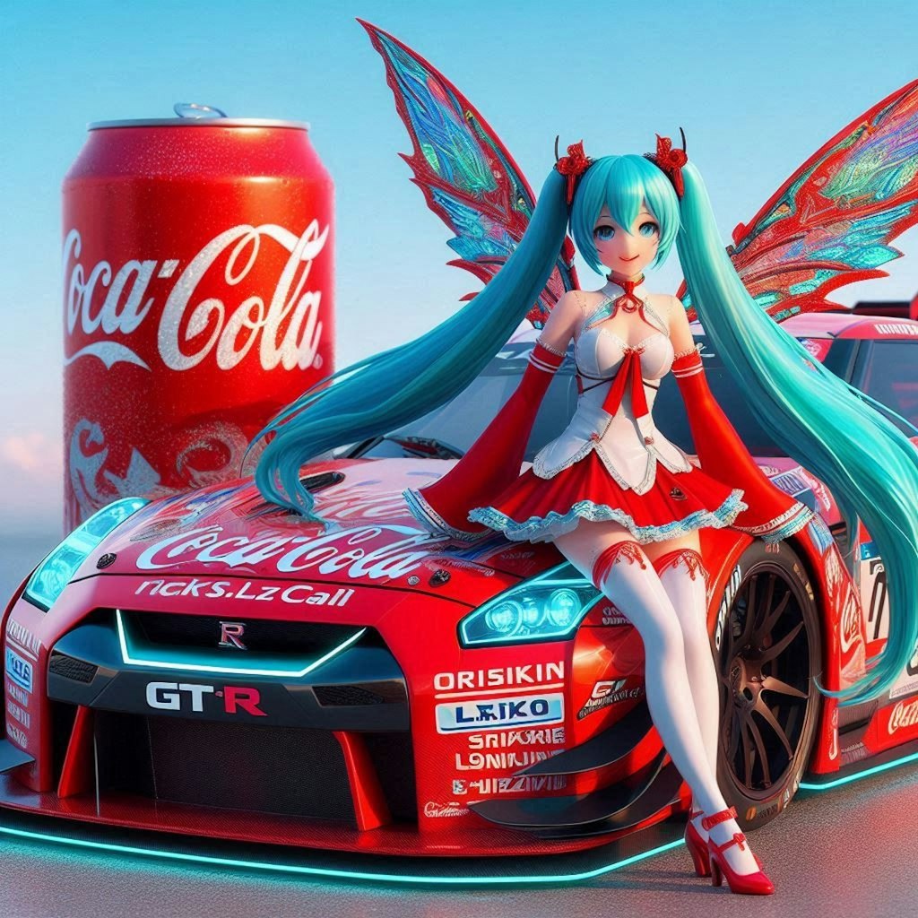 コカ・コーラカラー日産GT-Rレーシングカーと初音ミク