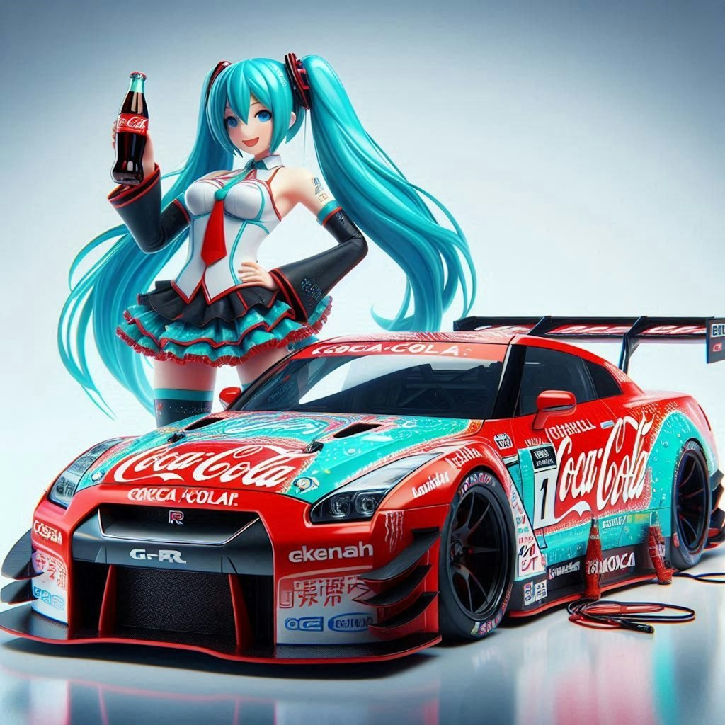 コカ・コーラカラー日産GT-Rレーシングカーと初音ミク