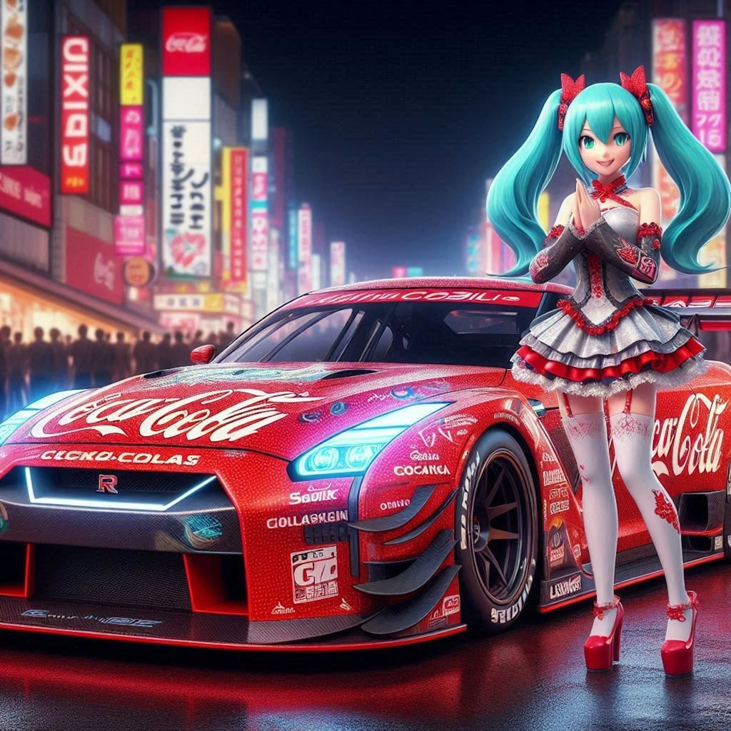 コカ・コーラカラー日産GT-Rレーシングカーと初音ミク