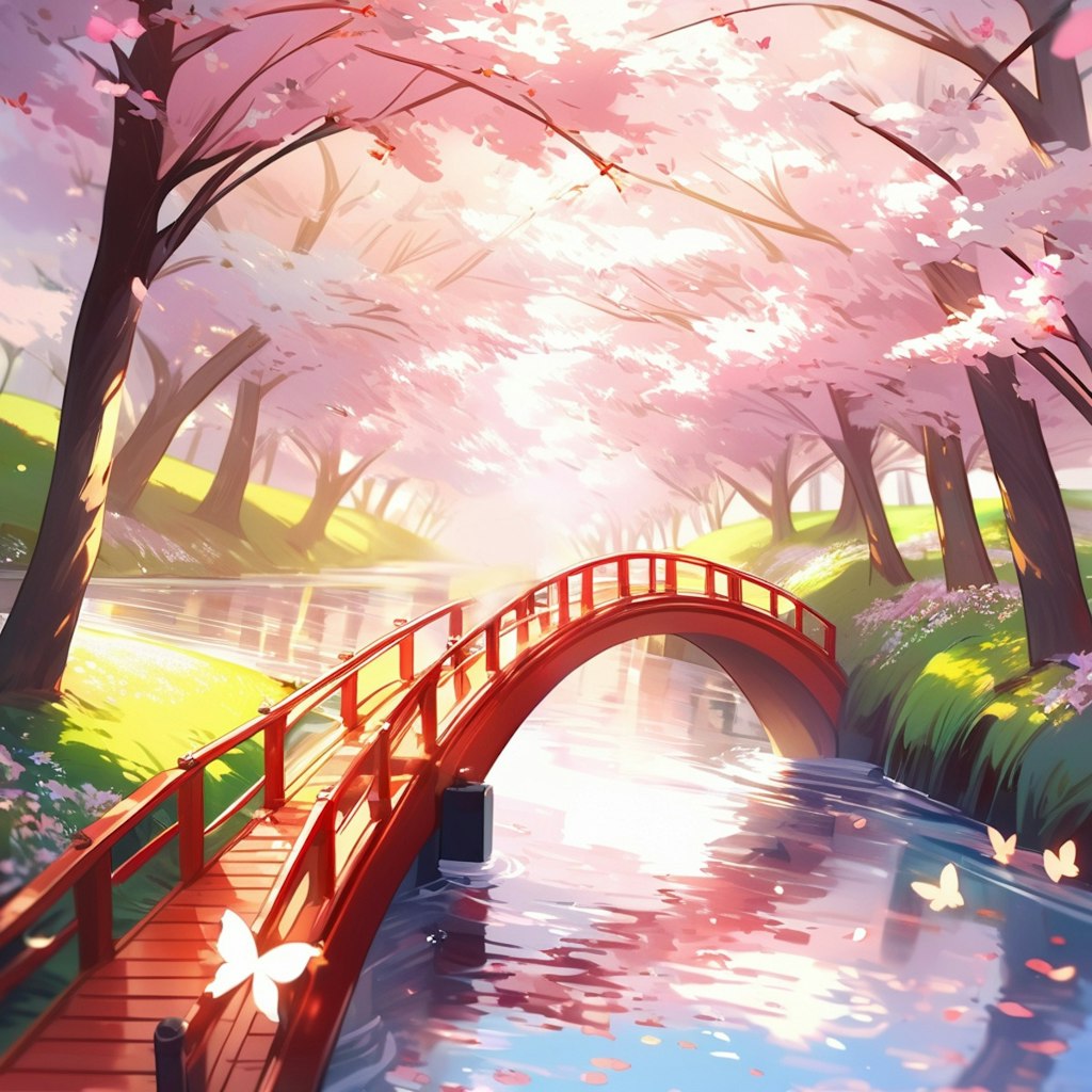赤橋のある桜並木