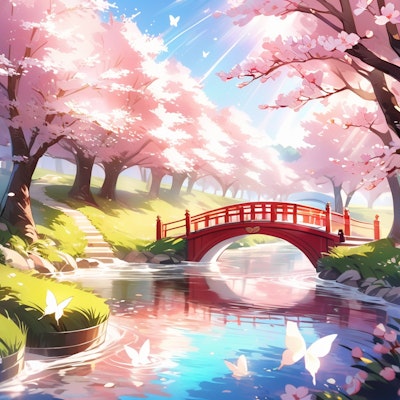 赤橋のある桜並木