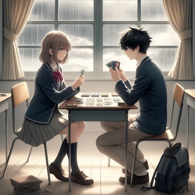 教室でカードゲームをする少年と少女