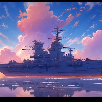 夕焼け、戦艦を眺め