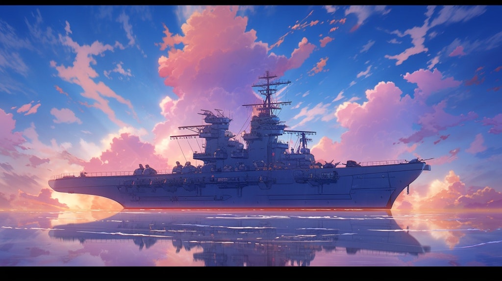 夕焼け、戦艦を眺め