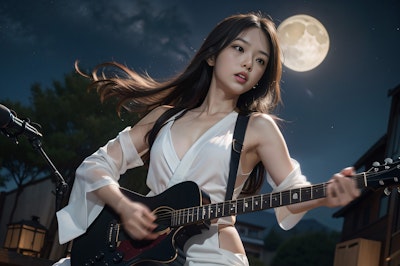 月明かりの下のギター少女