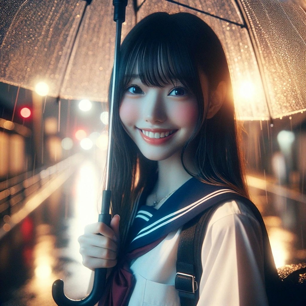 ひどい雨の中、夜歩く女子高生