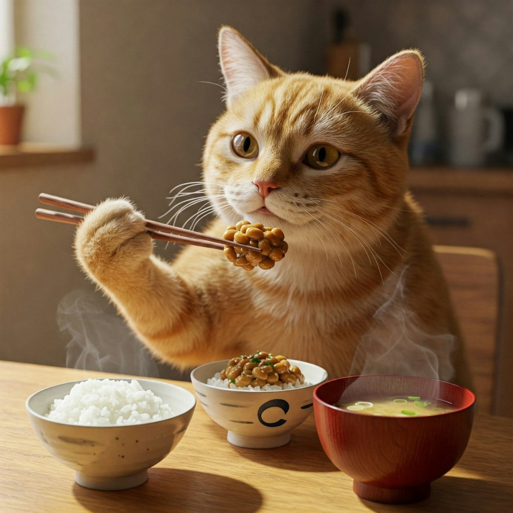 朝食を食べる猫