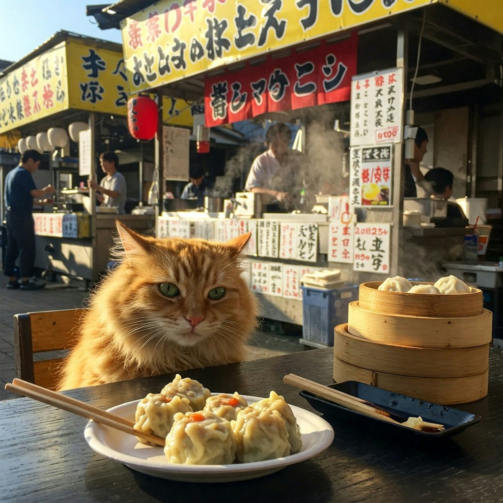 朝食を食べる猫