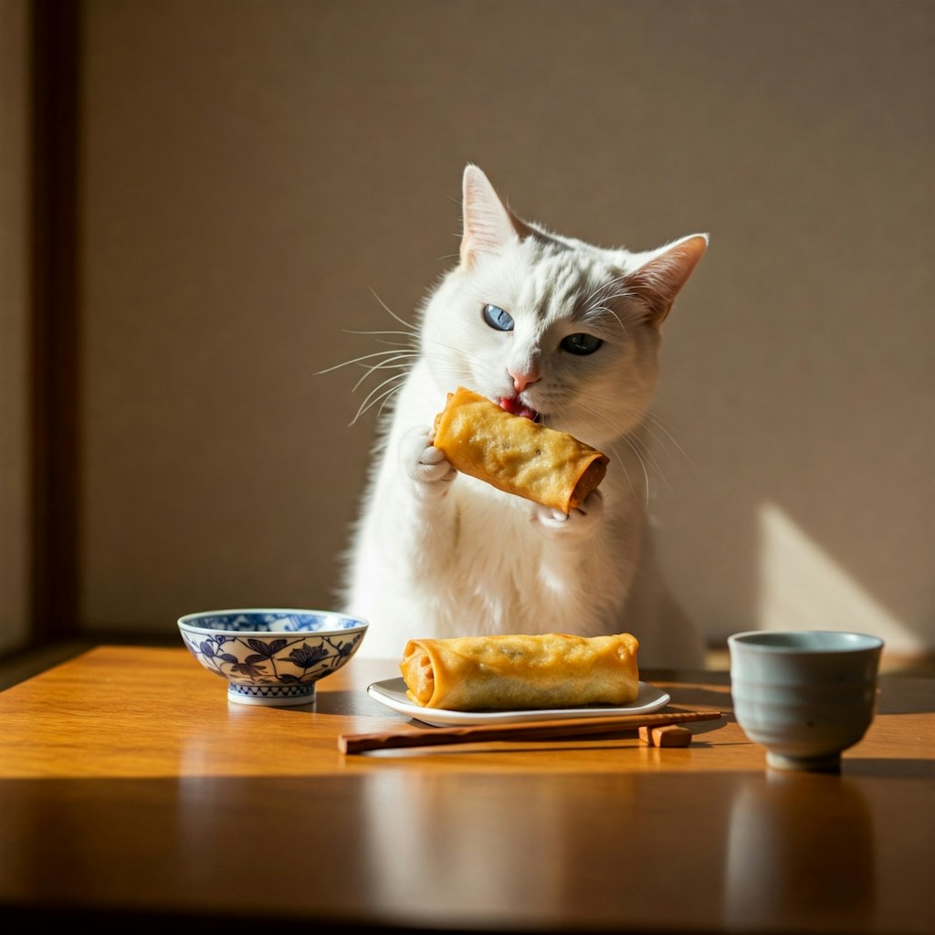 朝食を食べる猫
