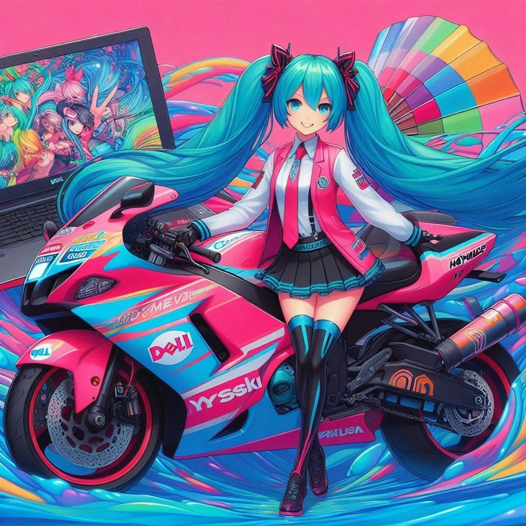 DELLカラースズキ隼のレーシングバイクとチアガール初音ミク