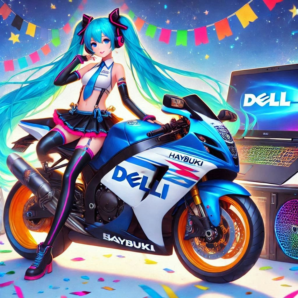 DELLカラースズキ隼のレーシングバイクとチアガール初音ミク