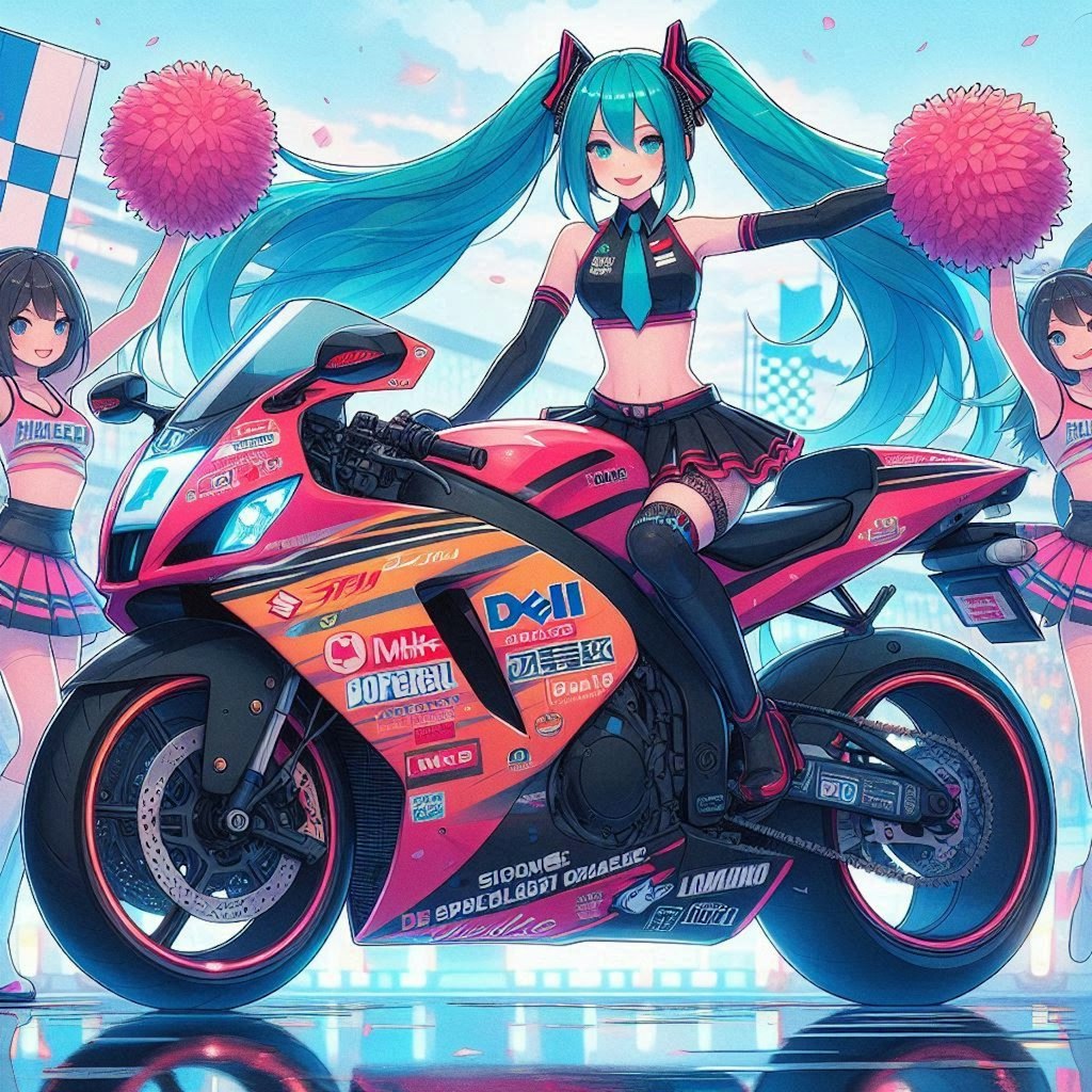 DELLカラースズキ隼のレーシングバイクとチアガール初音ミク