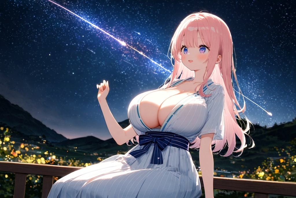 夜空と天の川と流れ星と女子高校生と