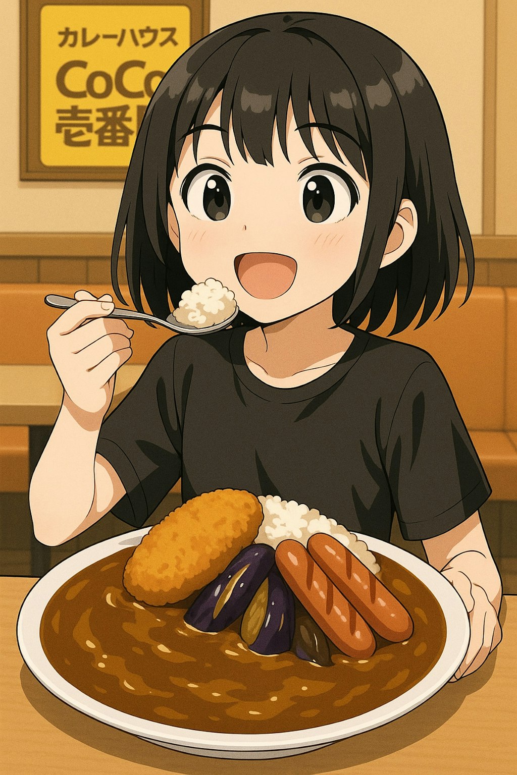 大盛りカレーを食べている女の子