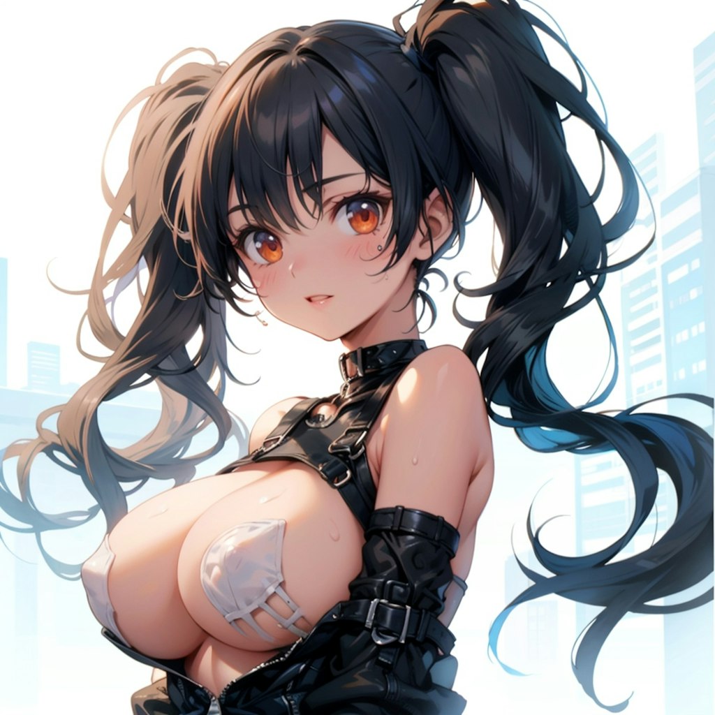 black haired busty girl with twintails