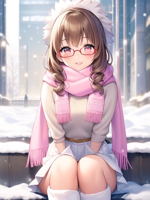 雪の街に座るマフラー眼鏡っ娘