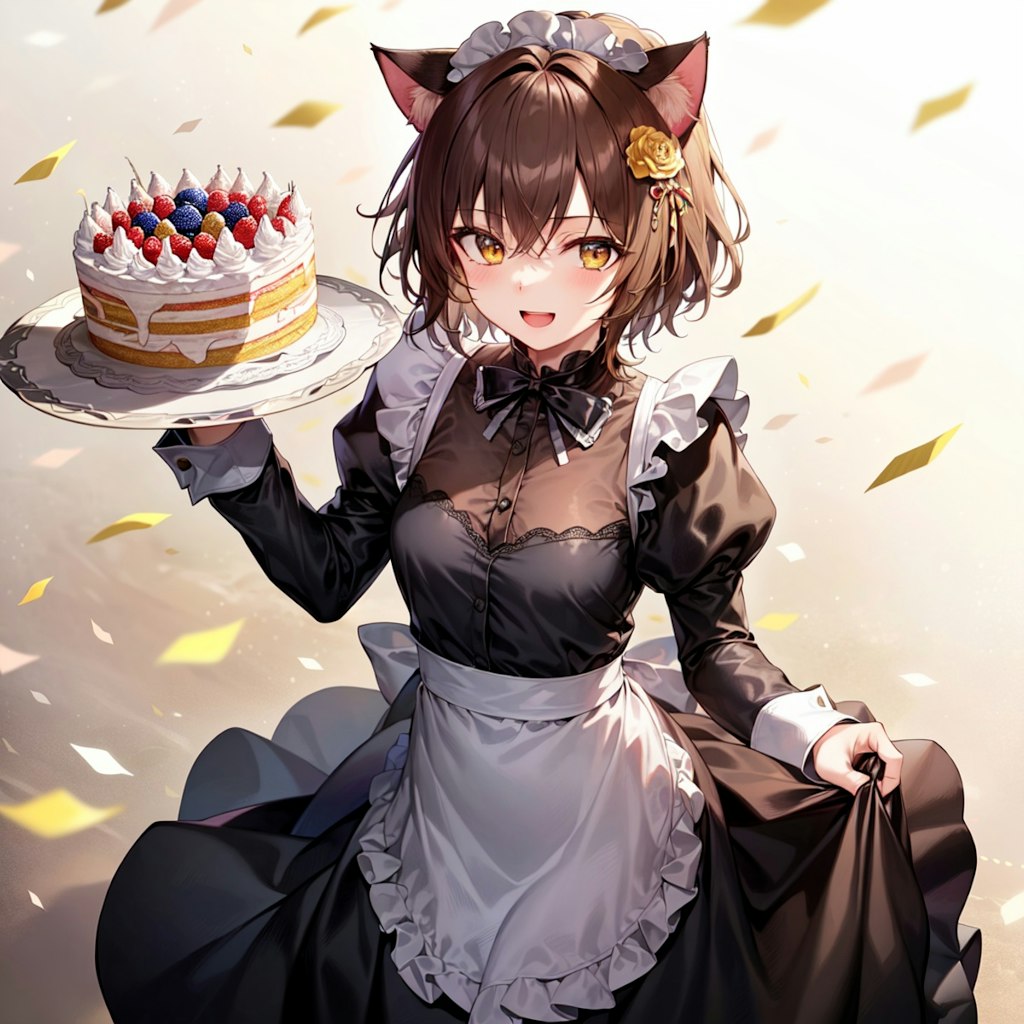 御祝いケーキを運ぶ猫娘