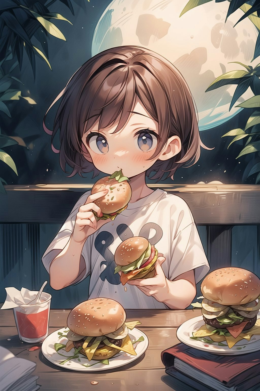 月、ハンバーガー、Tシャツ