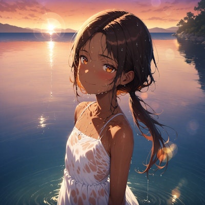 夕日に海で佇む少女