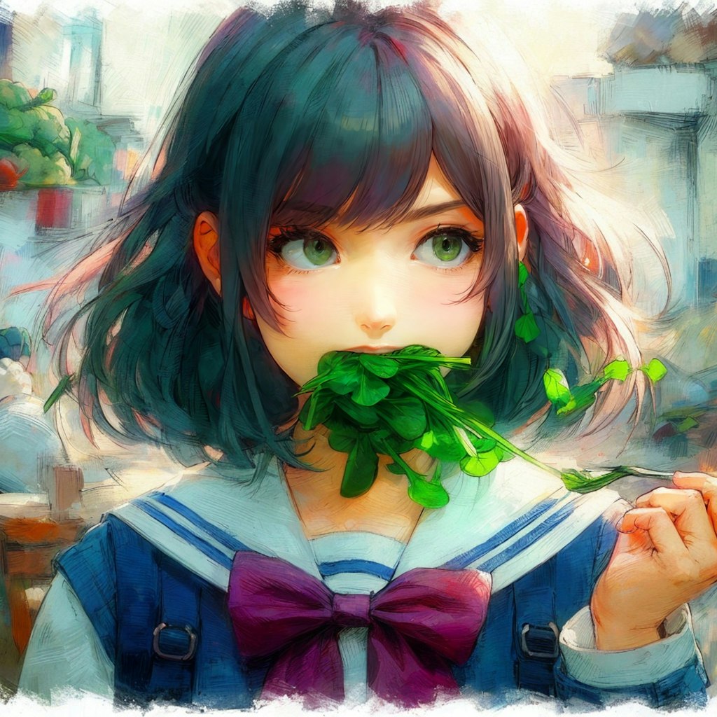 野菜を食べる少女