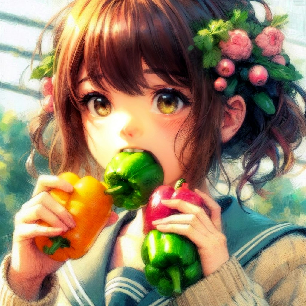 野菜を食べる少女