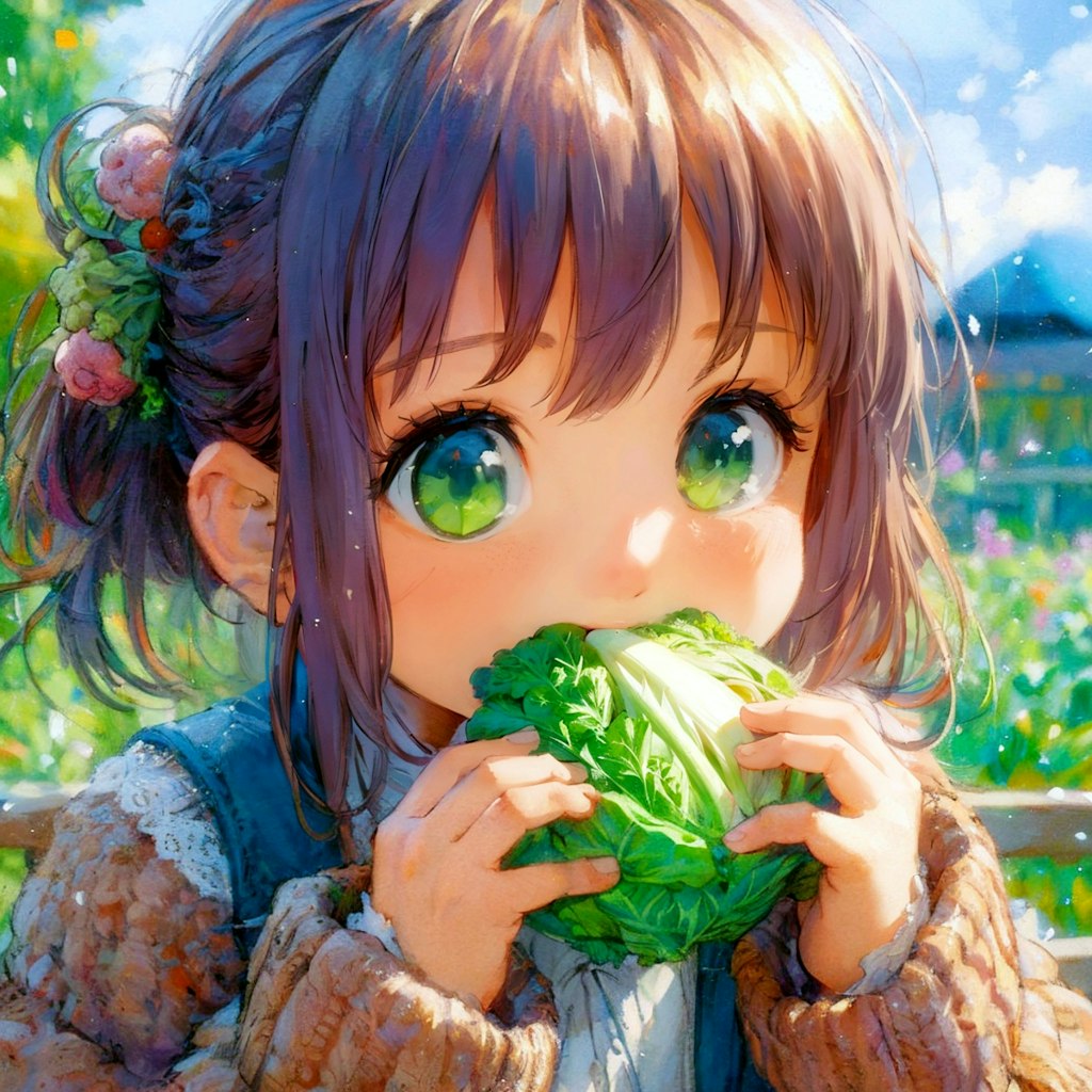 野菜を食べる少女