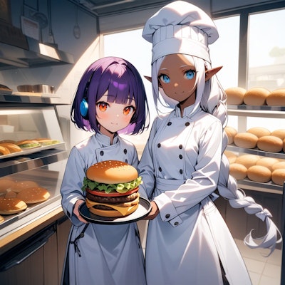 ハンバーガーを持つヘッドフォン華憐嬢とダークエルフ