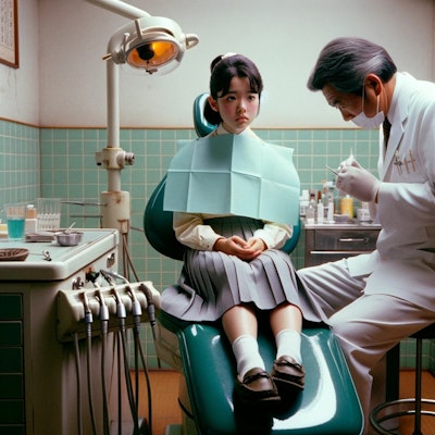 歯科助手にエプロンをかけられているセーラ服姿の女子高生