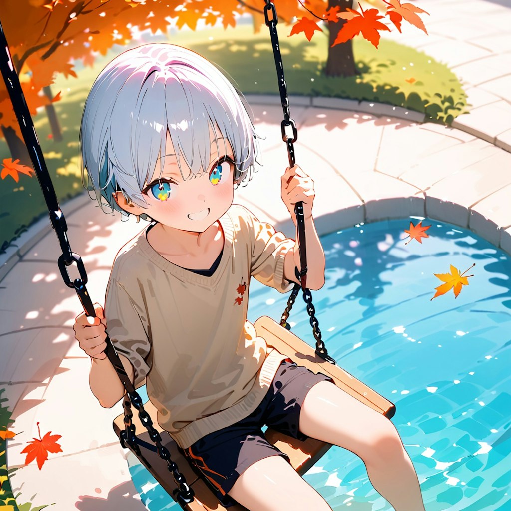 A little boy riding on a swing