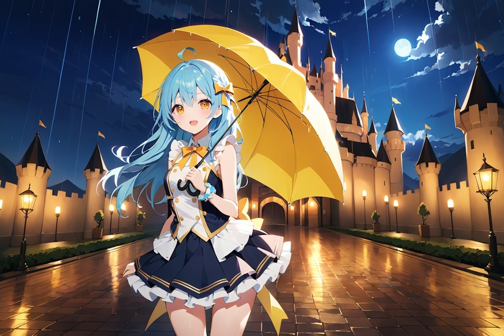 夜の雨とお城と女の子