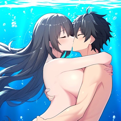 水中でキスをする高校生カップル