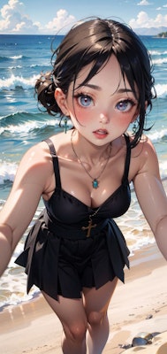 キャミソール姿で海岸に遊びに来ている１８歳の美少女のイラストの全身画像