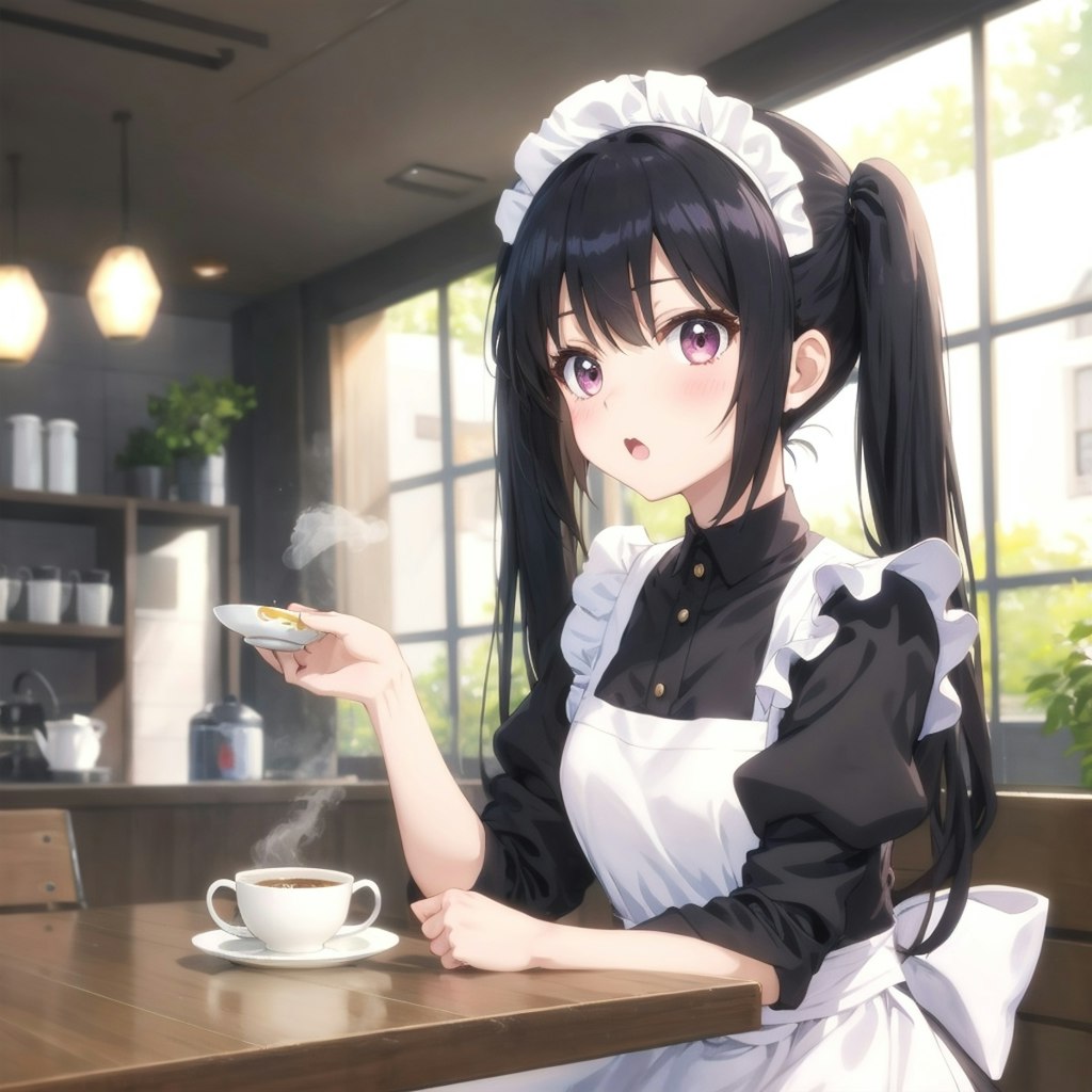 お茶をこぼして慌てる(生成失敗)