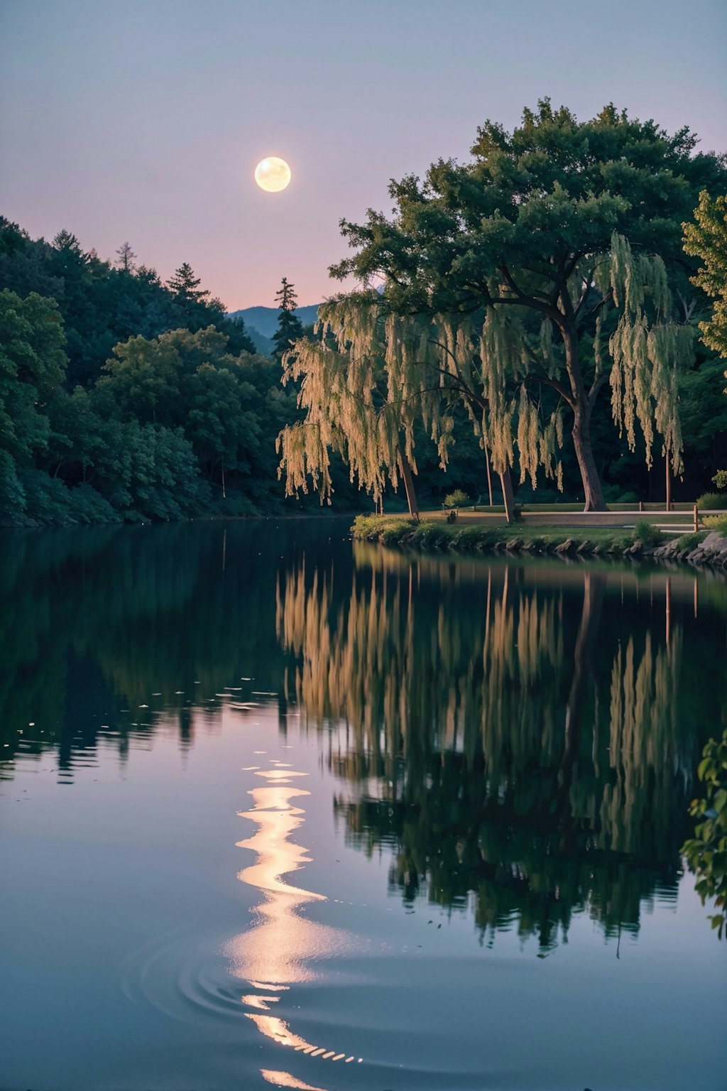 湖面に映る美しい月灯り