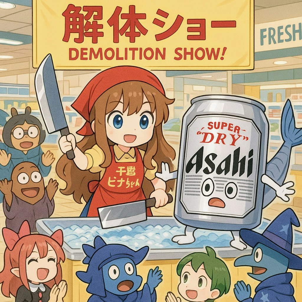 ビール缶解体ショーをするスーパーちちぷい